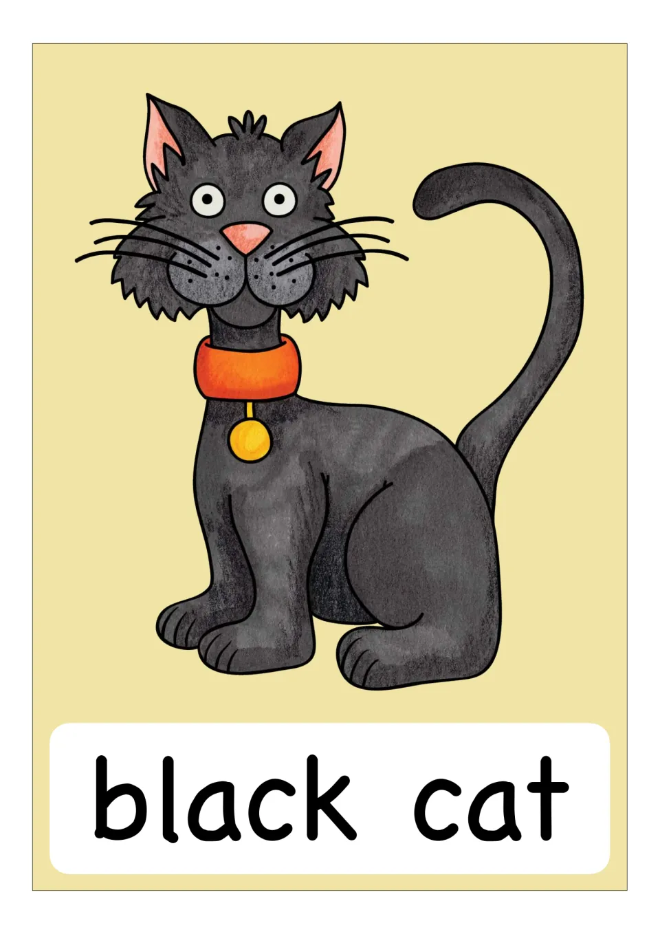 Vocabulary card for 'black cat': a seated black cat with wide eyes, a raised tail and an orange collar with a bell