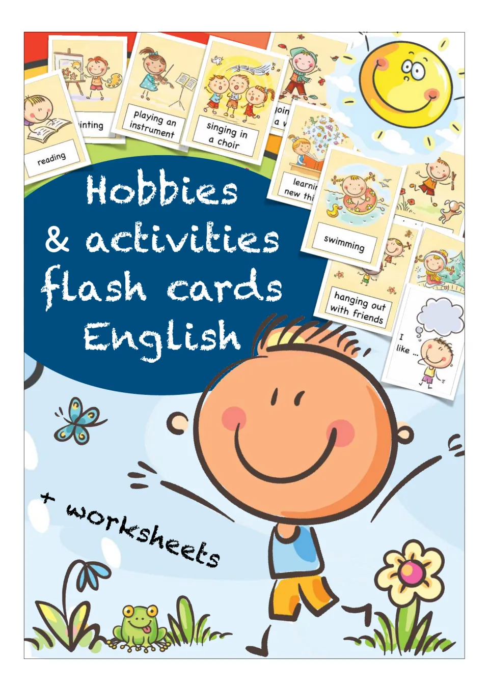 Cover for Hobbies & activities flash cards in English + worksheets, showing sample cards like reading, swimming and singing