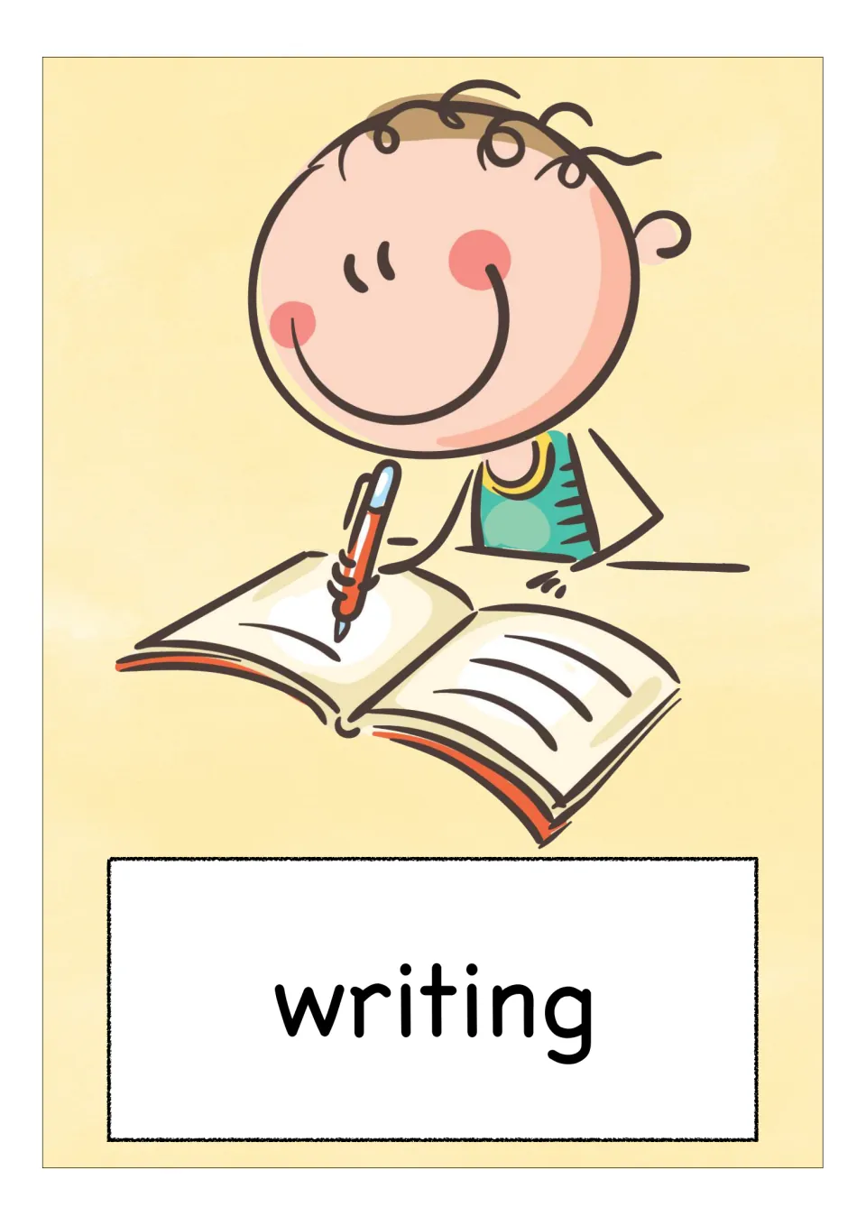 Vocabulary card for writing: a curly-haired child sits at a desk writing in an open notebook with a red pen