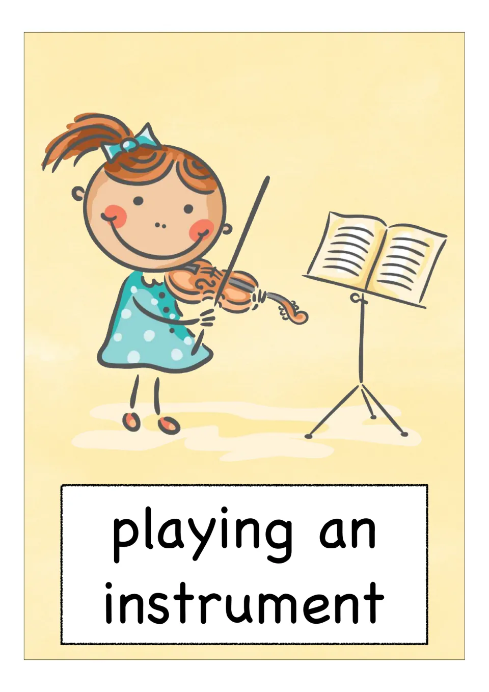 Vocabulary card for playing an instrument: a girl in a polka-dot dress plays the violin beside a music stand