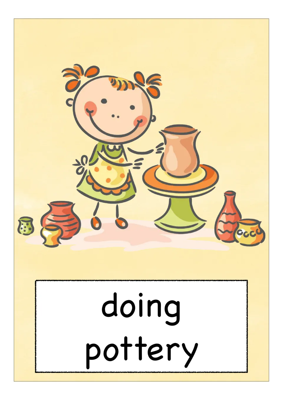 Vocabulary card for doing pottery: a girl in an apron shapes a clay vase on a potter's wheel, finished pots nearby