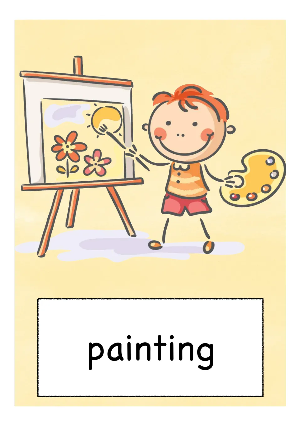 Vocabulary card for painting: a boy holding a paint palette paints flowers and a sun on a canvas at an easel