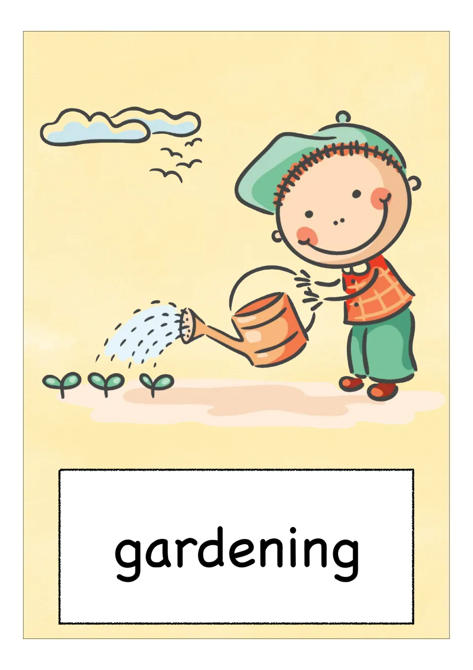 Vocabulary card for gardening: a boy in a green cap waters three small seedlings with an orange watering can
