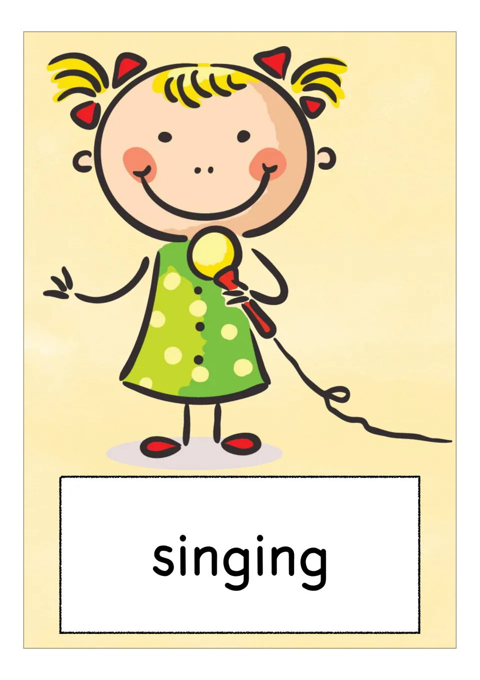 Vocabulary card for singing: a girl in a green polka-dot dress sings into a corded microphone and waves