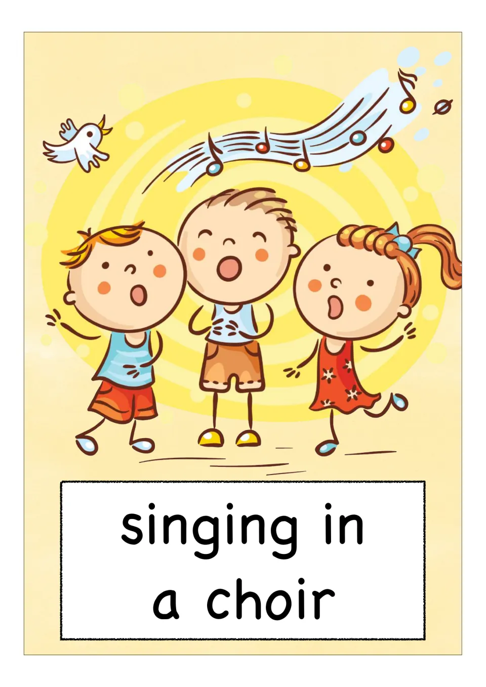 Vocabulary card for singing in a choir: three children sing together under a ribbon of music notes and a bird