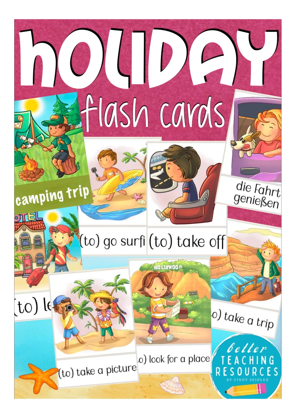 Holiday flash cards cover: travel vocabulary cards such as camping trip, (to) take off and (to) take a picture