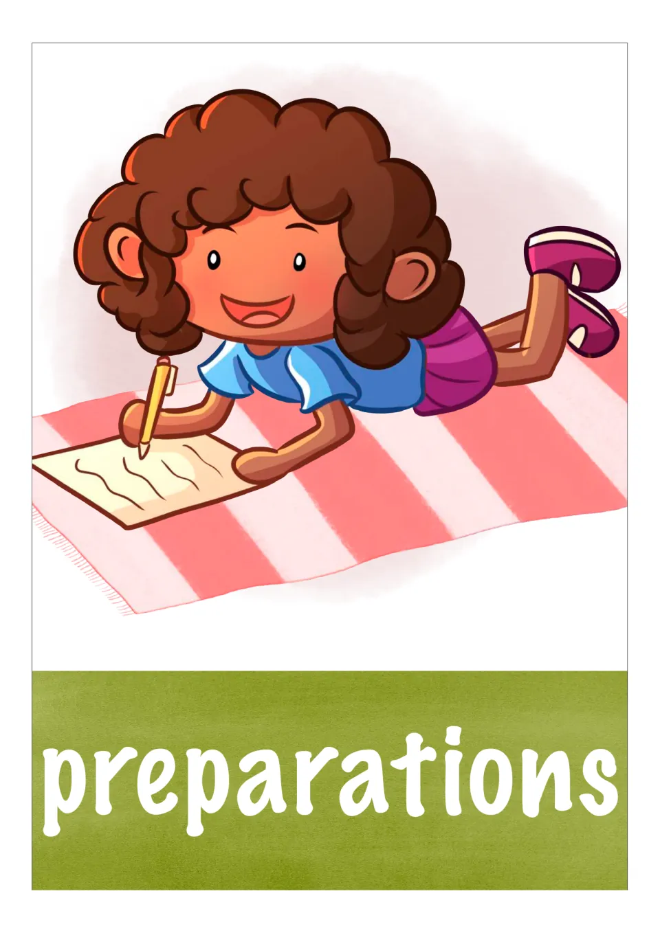 Preparations section card: a girl lies on a striped towel writing a list, opening the trip-planning vocabulary