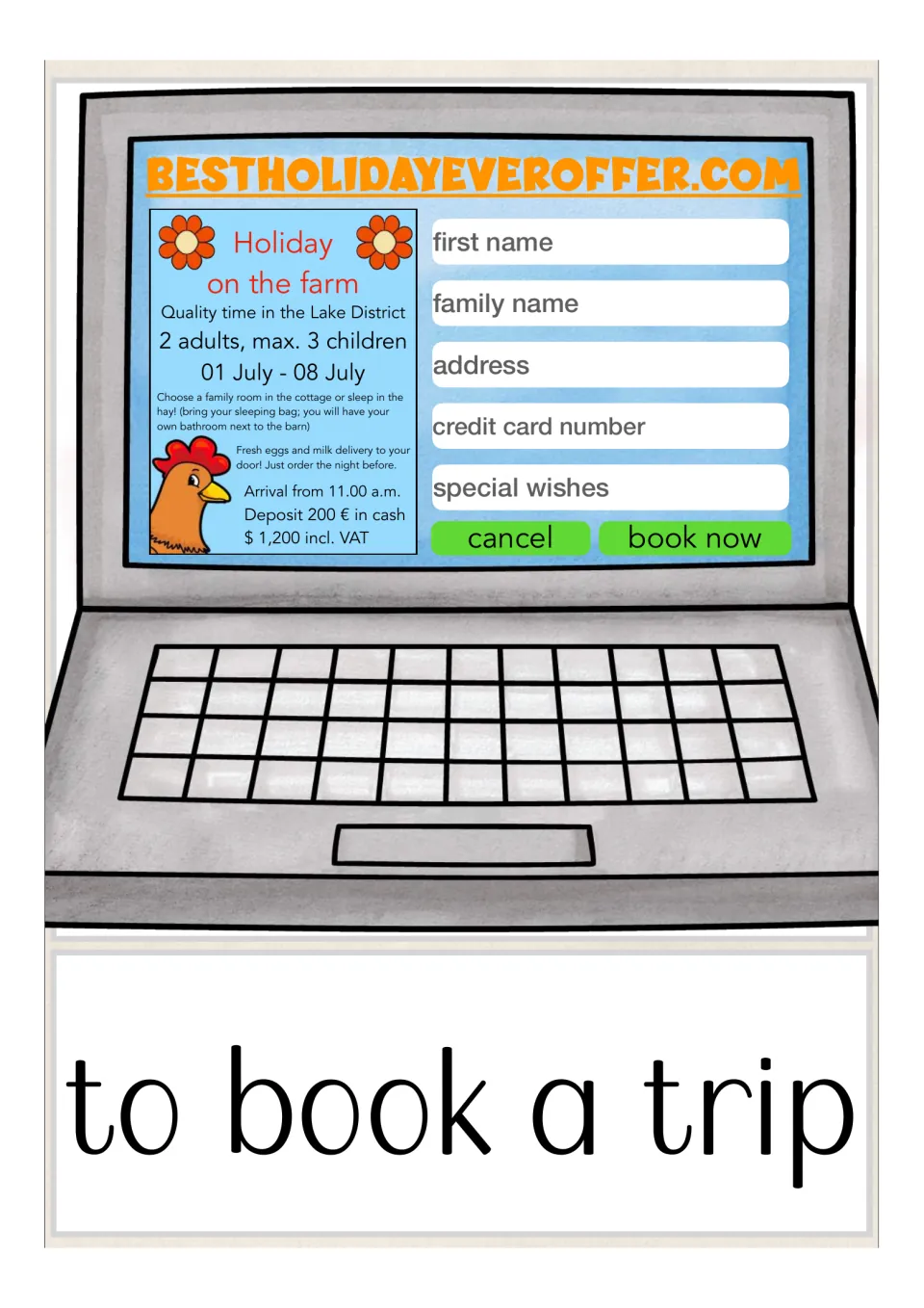 To book a trip flash card: a laptop shows a farm holiday offer beside a booking form with name and address fields