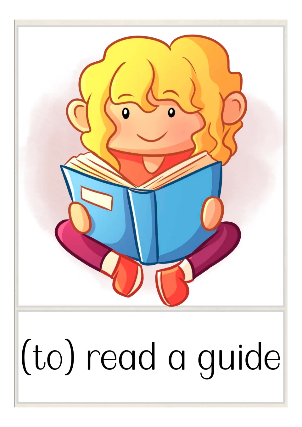(To) read a guide flash card: a curly-haired child sits cross-legged reading an open blue book