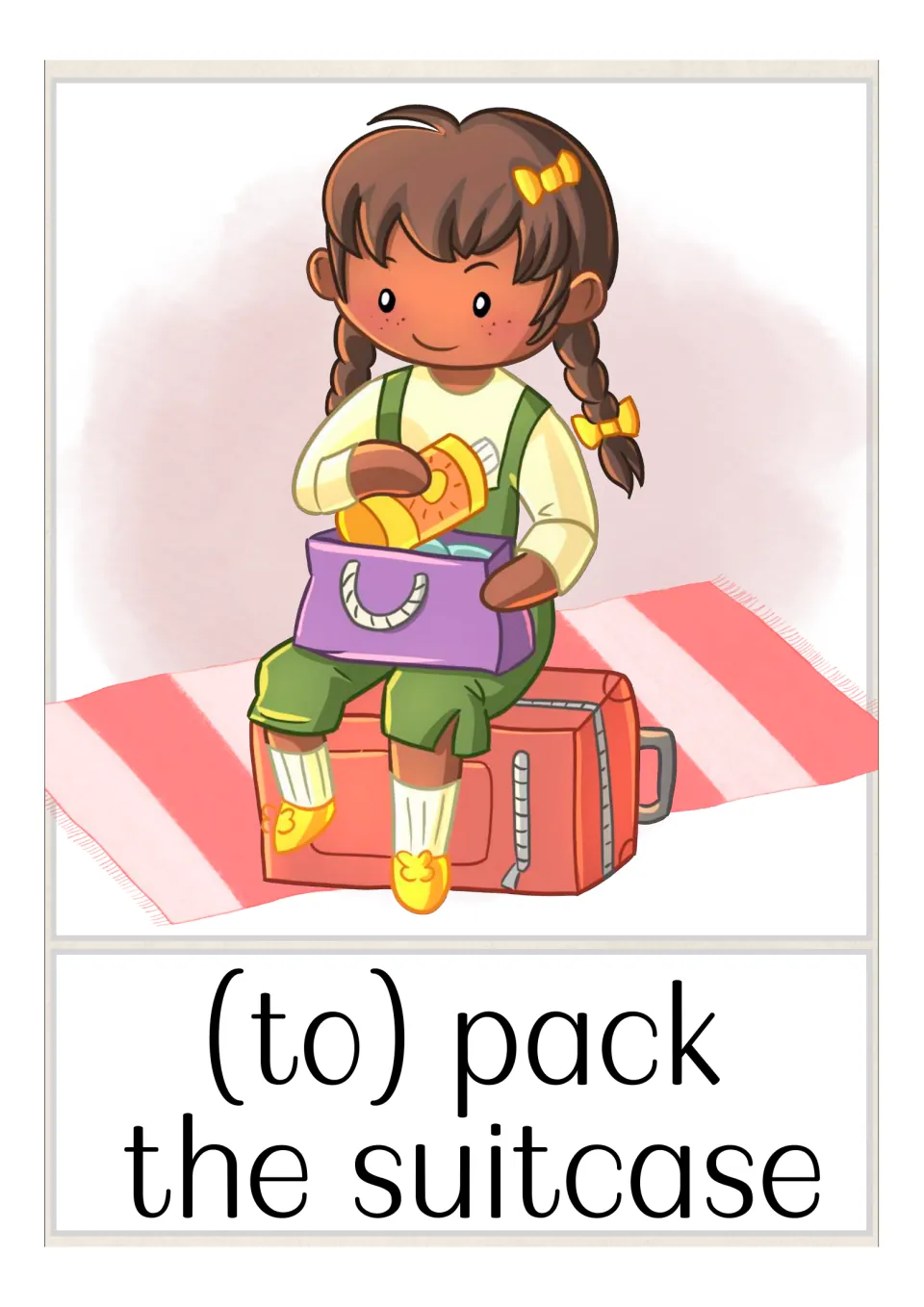 (To) pack the suitcase flash card: a girl sitting on a red suitcase puts items into a purple bag