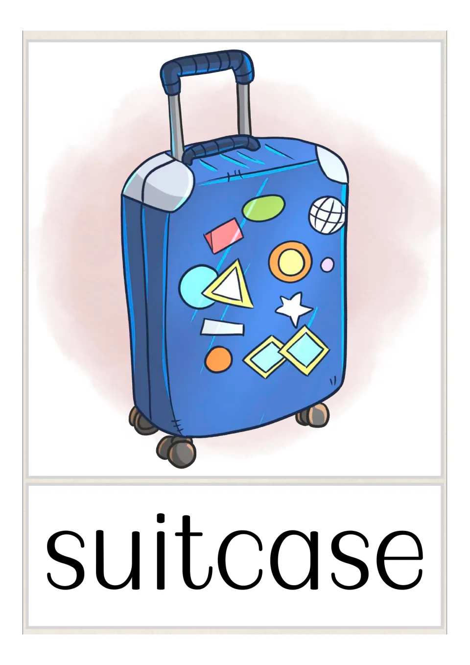 Suitcase vocabulary card: a blue wheeled suitcase with a pull-up handle, covered in colorful stickers