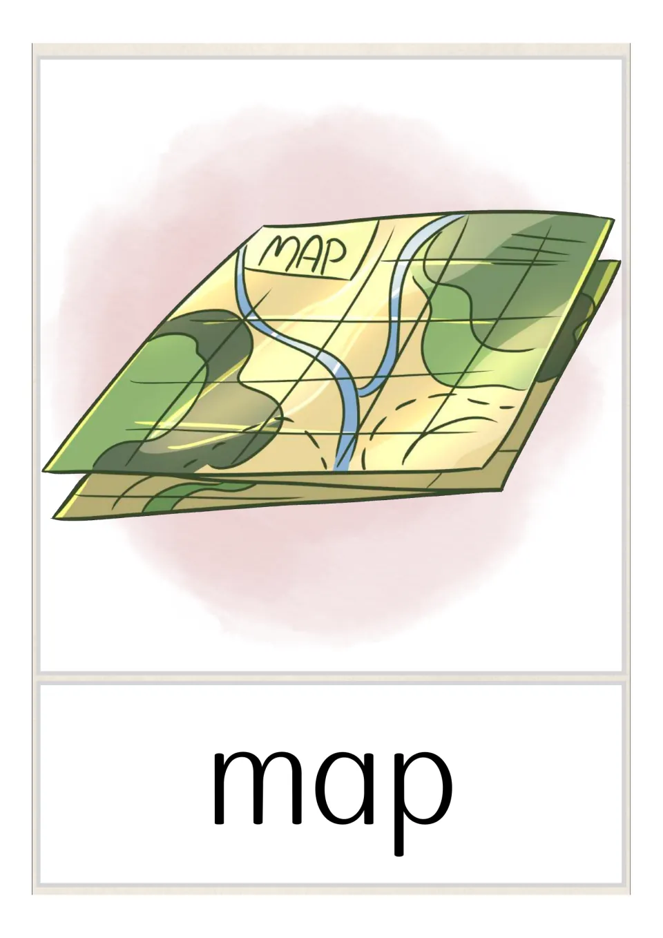 Map vocabulary card: a folded green and yellow map with a blue river, roads and the word MAP on it