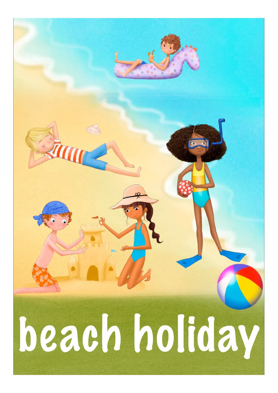 Beach holiday section card: children build a sandcastle, snorkel, sunbathe and float on an inflatable