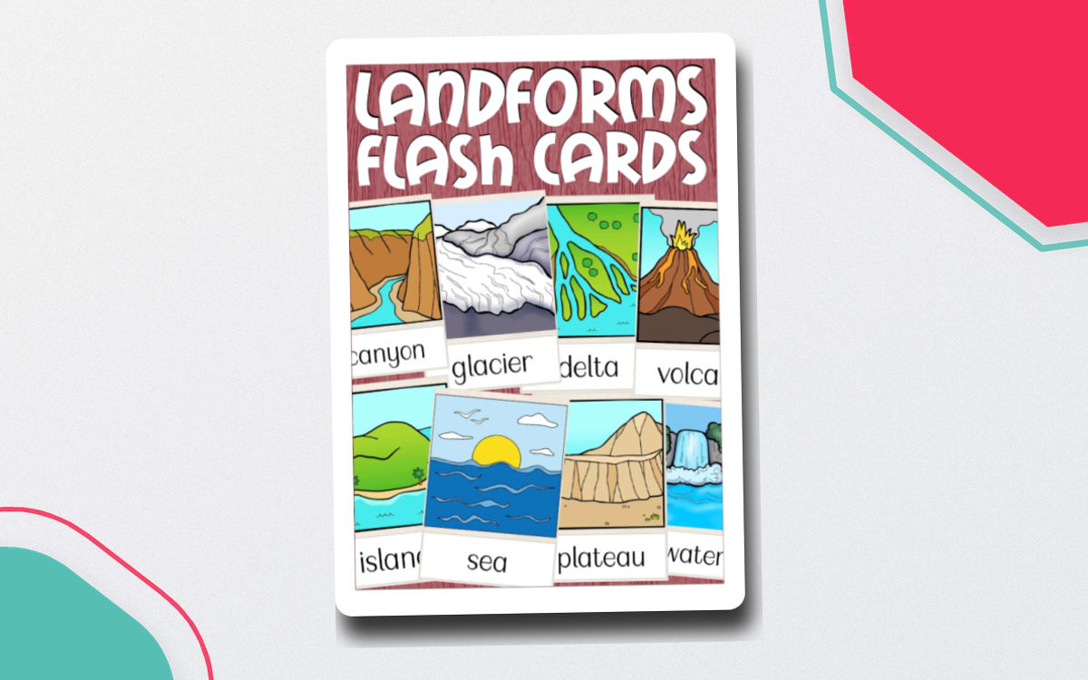 Landforms Flashcards – 30 Geography Cards preview: A landforms flash-card cover