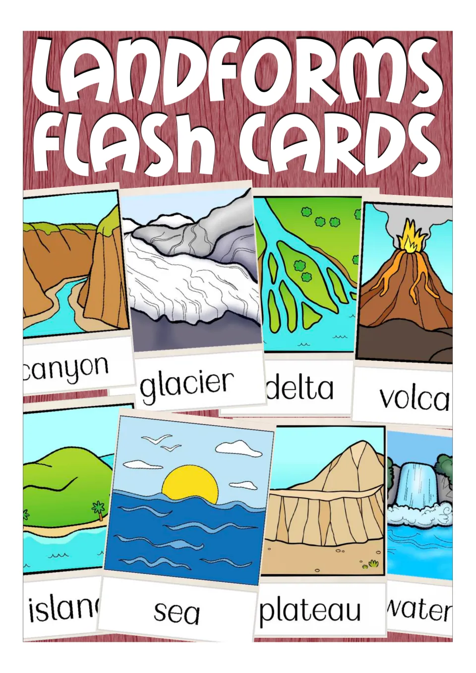Landforms flash cards cover showing illustrated cards labelled canyon, glacier, delta, volcano, island, sea and plateau