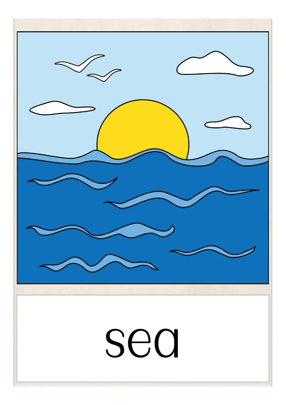 Sea vocabulary card: a drawing of deep blue ocean waves with the sun setting on the horizon, labelled with the word sea