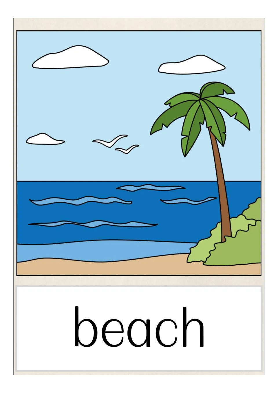 Beach vocabulary card: sandy shore meeting blue ocean waves with a palm tree and shrubs, labelled with the word beach