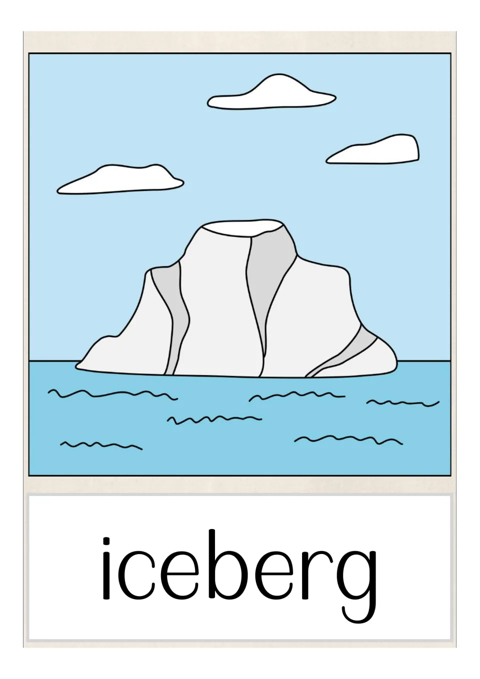 Iceberg vocabulary card: a large block of floating ice rising out of pale blue sea water, labelled with the word iceberg
