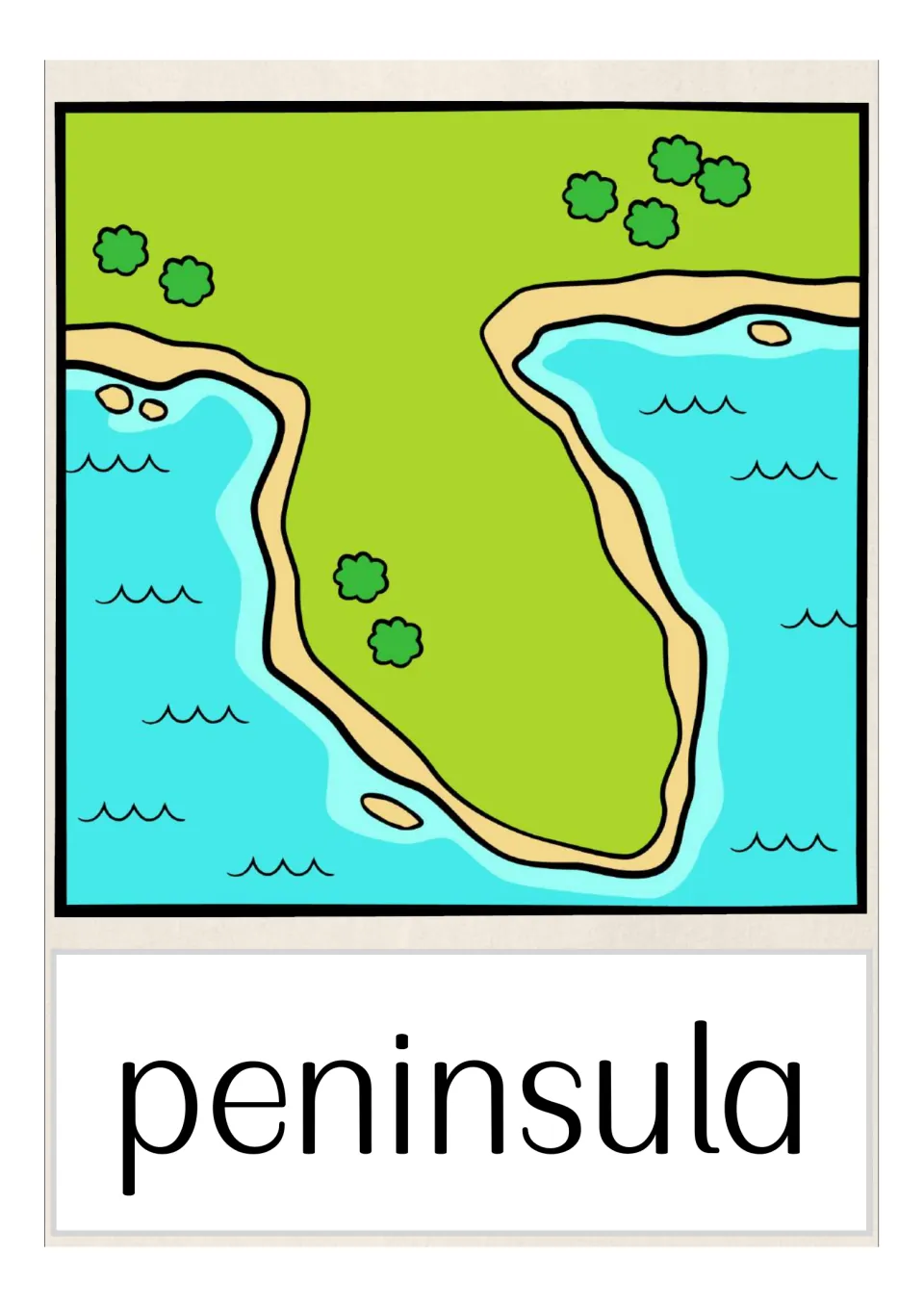 Peninsula vocabulary card: a map-style view of land jutting out into water on three sides, labelled with the word peninsula