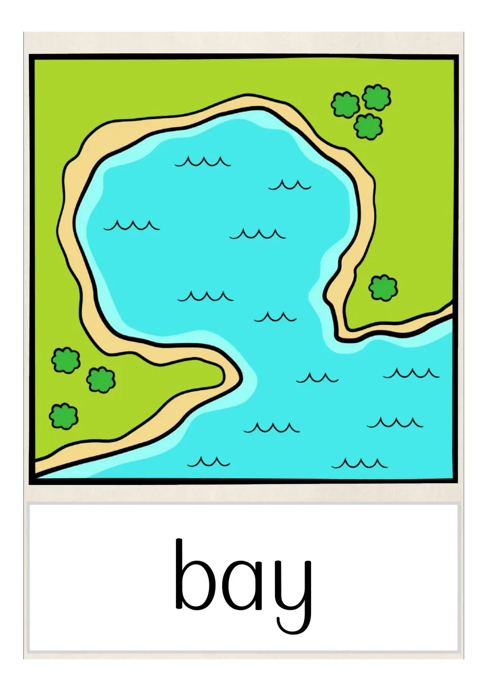Bay vocabulary card: a map-style view of a rounded body of water partly enclosed by curving land, labelled with the word bay