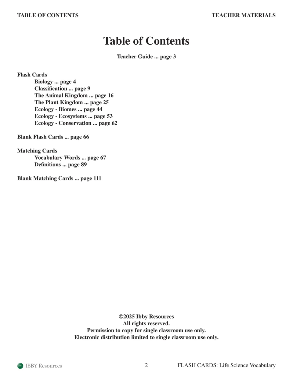 Table of contents listing card sections from Biology to Conservation, plus blank cards and word-to-definition matching cards