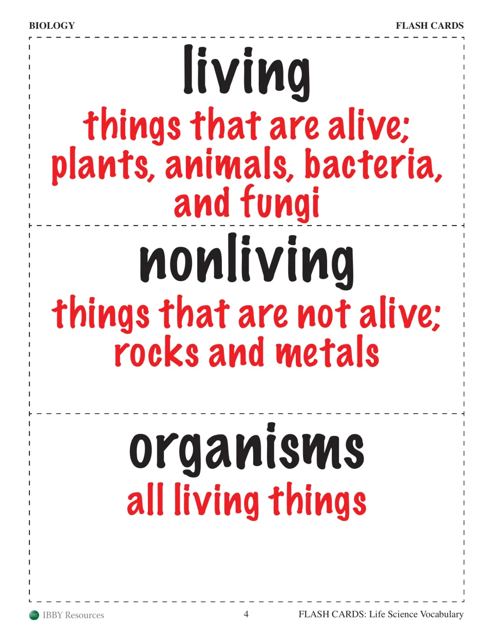 Biology cards defining living, nonliving and organisms; students cut out and study each word with its definition