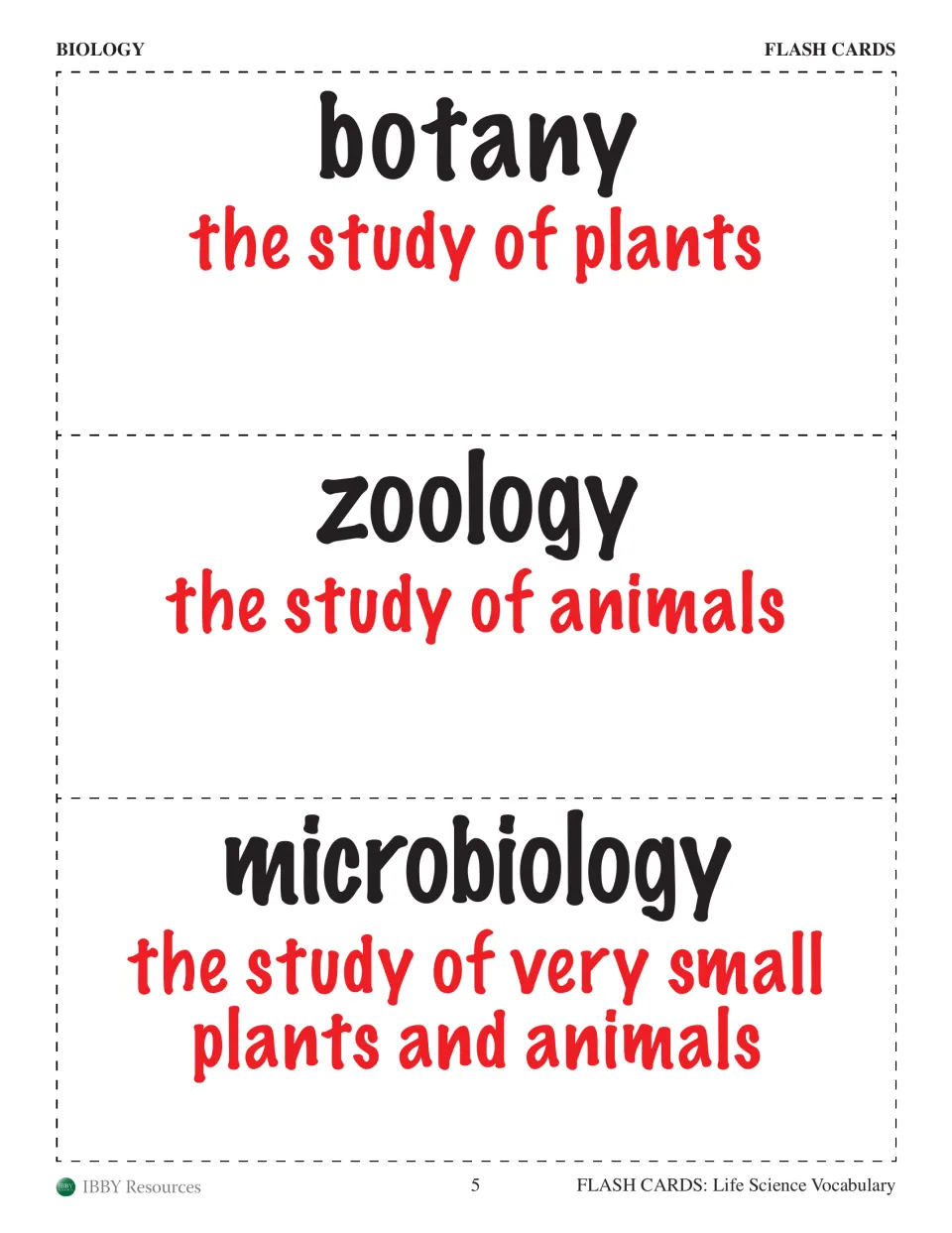 Biology cards for botany, zoology and microbiology, each word paired with its study-of definition for memorizing