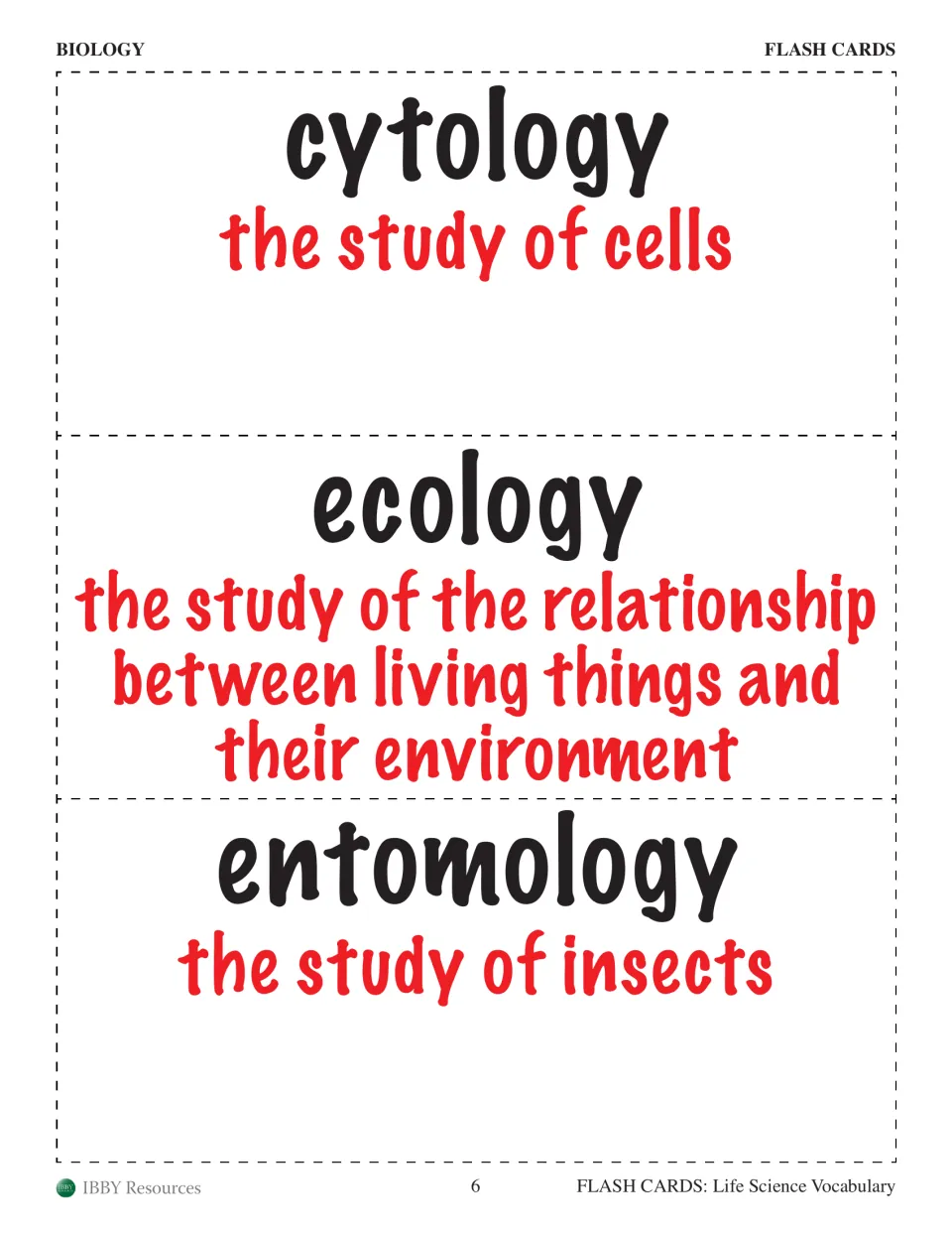 Biology cards defining cytology, ecology and entomology to practise matching science branches with what they study