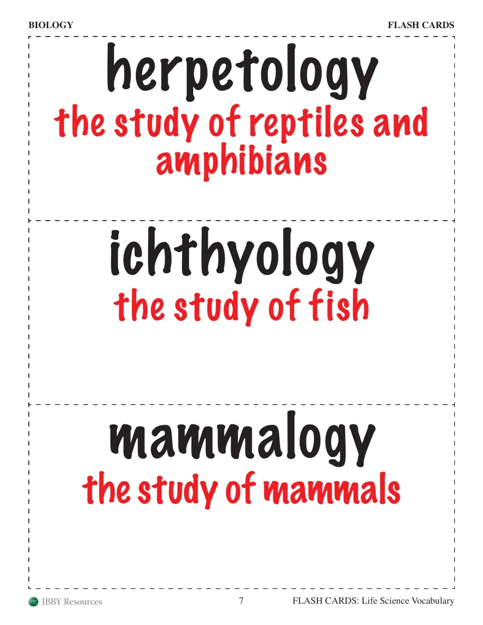 Biology cards for herpetology, ichthyology and mammalogy, naming the study of reptiles, amphibians, fish and mammals
