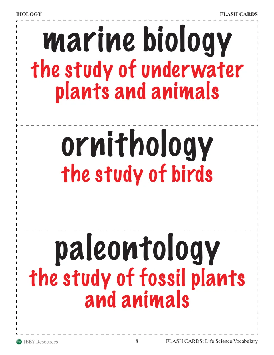 Biology cards defining marine biology, ornithology and paleontology: underwater life, birds, and fossil plants and animals