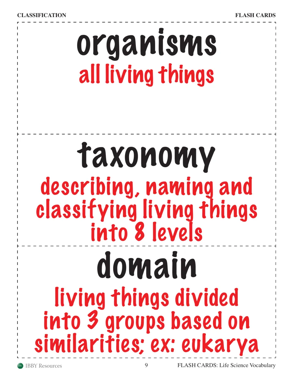 Classification cards for organisms, taxonomy and domain, with taxonomy's 8 levels and eukarya as a domain example