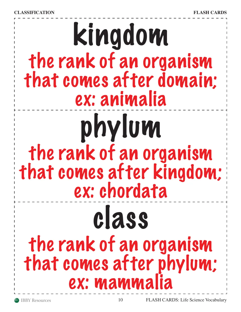 Classification cards defining kingdom, phylum and class as ranks, with animalia, chordata and mammalia as examples