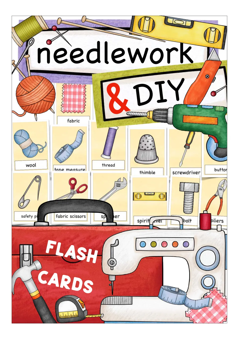 Cover of the needlework and DIY vocabulary flashcard set, showing sewing supplies and home repair tools
