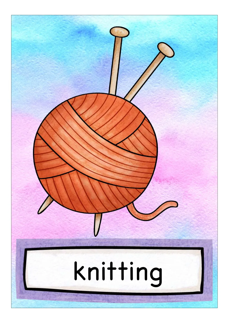 Knitting vocabulary flashcard labeled 'knitting', illustrated with an orange yarn ball and two knitting needles