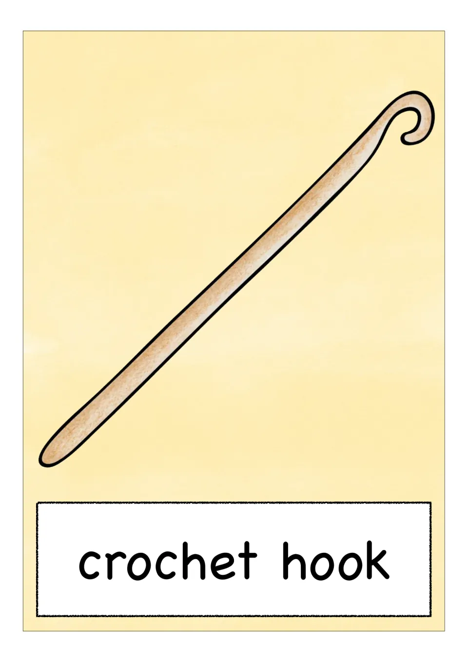 Crochet hook vocabulary flashcard showing a single hook and the label 'crochet hook' in the crafts set
