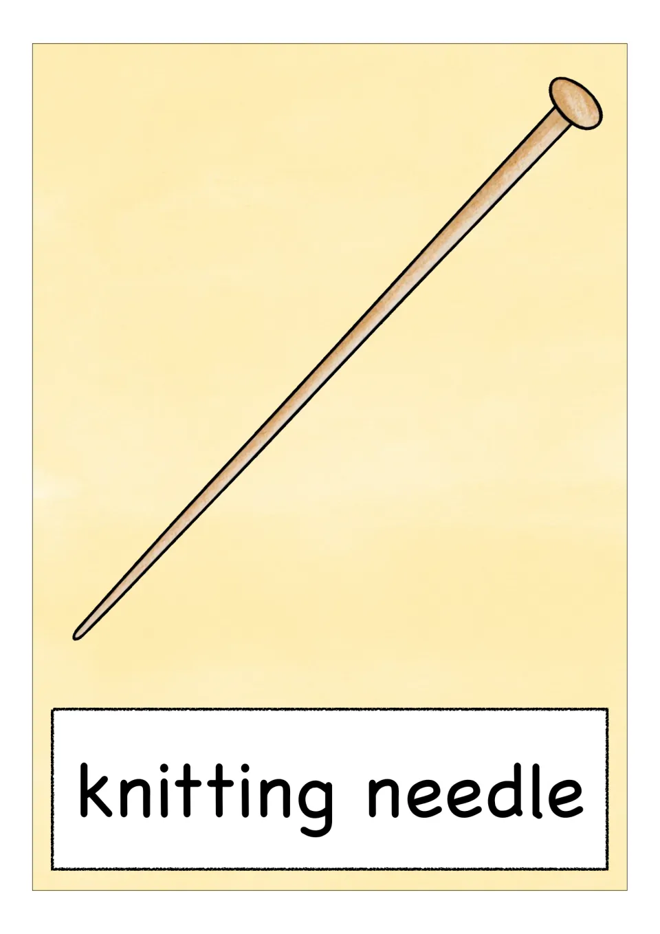 Knitting needle vocabulary flashcard showing a single pointed needle with the label 'knitting needle'