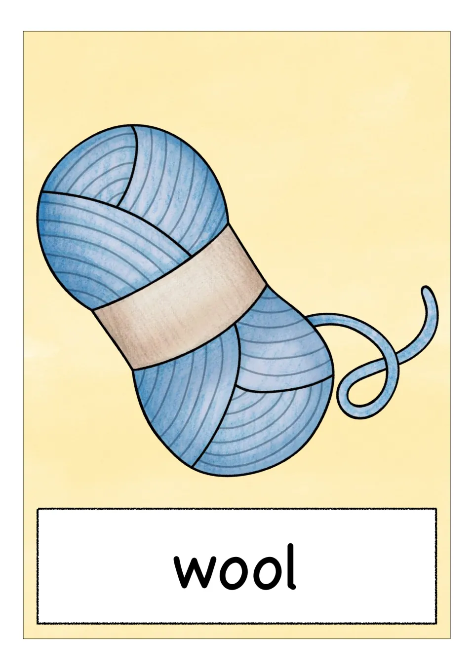 Wool vocabulary flashcard showing a blue skein with a loose strand and the label 'wool' in the crafts set
