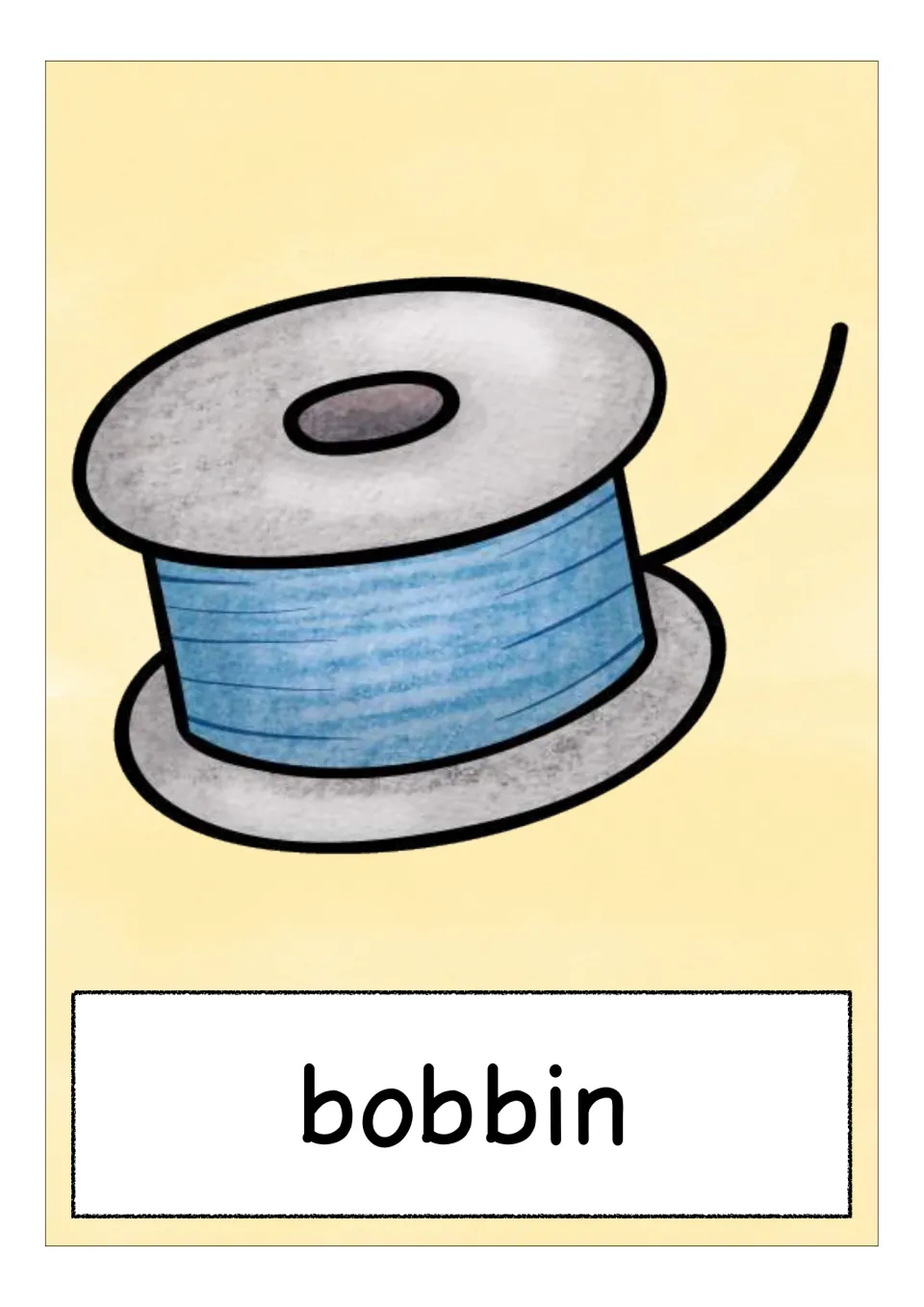 Bobbin vocabulary flashcard showing a bobbin wound with blue thread and labeled 'bobbin' in the sewing set