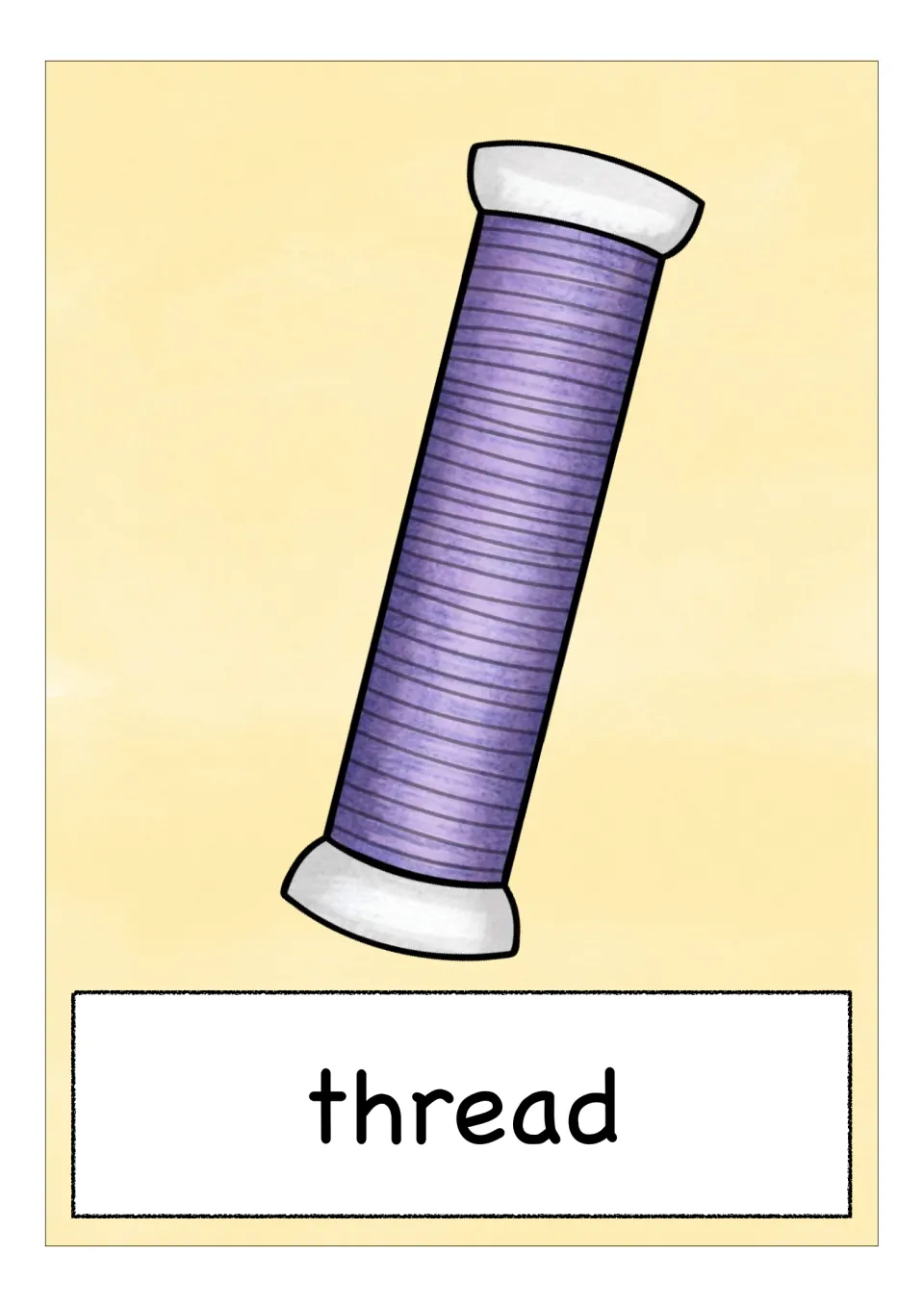 Thread vocabulary flashcard showing a spool wound with purple thread and the label 'thread' beneath it