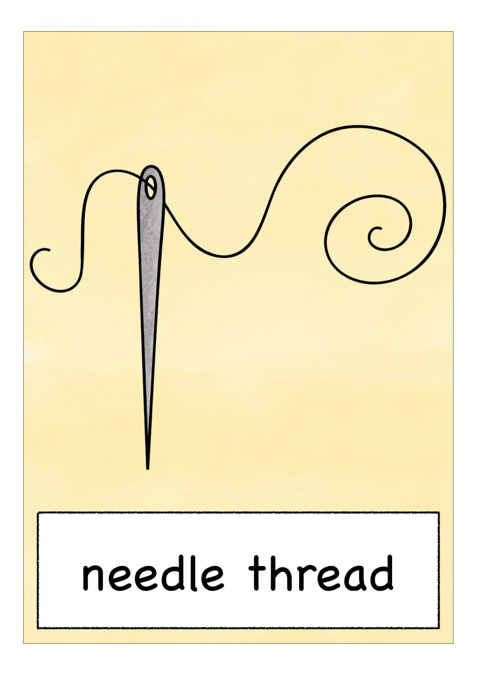 Needlework vocabulary flashcard labeled 'needle thread', showing a needle with thread passing through its eye