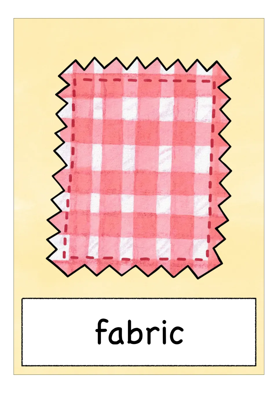 Fabric vocabulary flashcard showing a pink checkered fabric swatch with stitches and the label 'fabric'