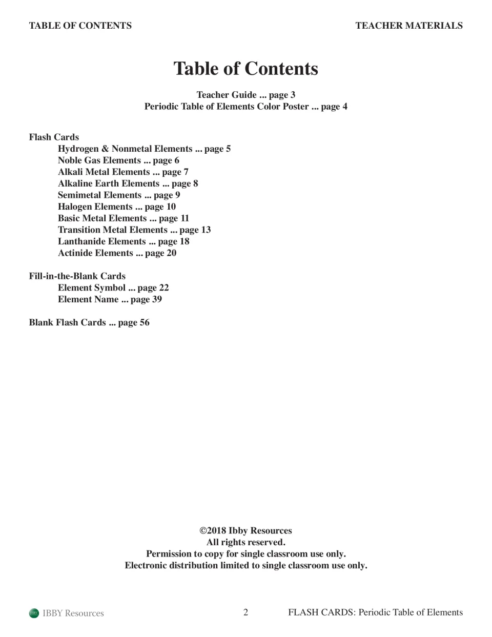 Contents listing the teacher guide, color poster, flash cards by element family, fill-in-the-blank cards and blank cards