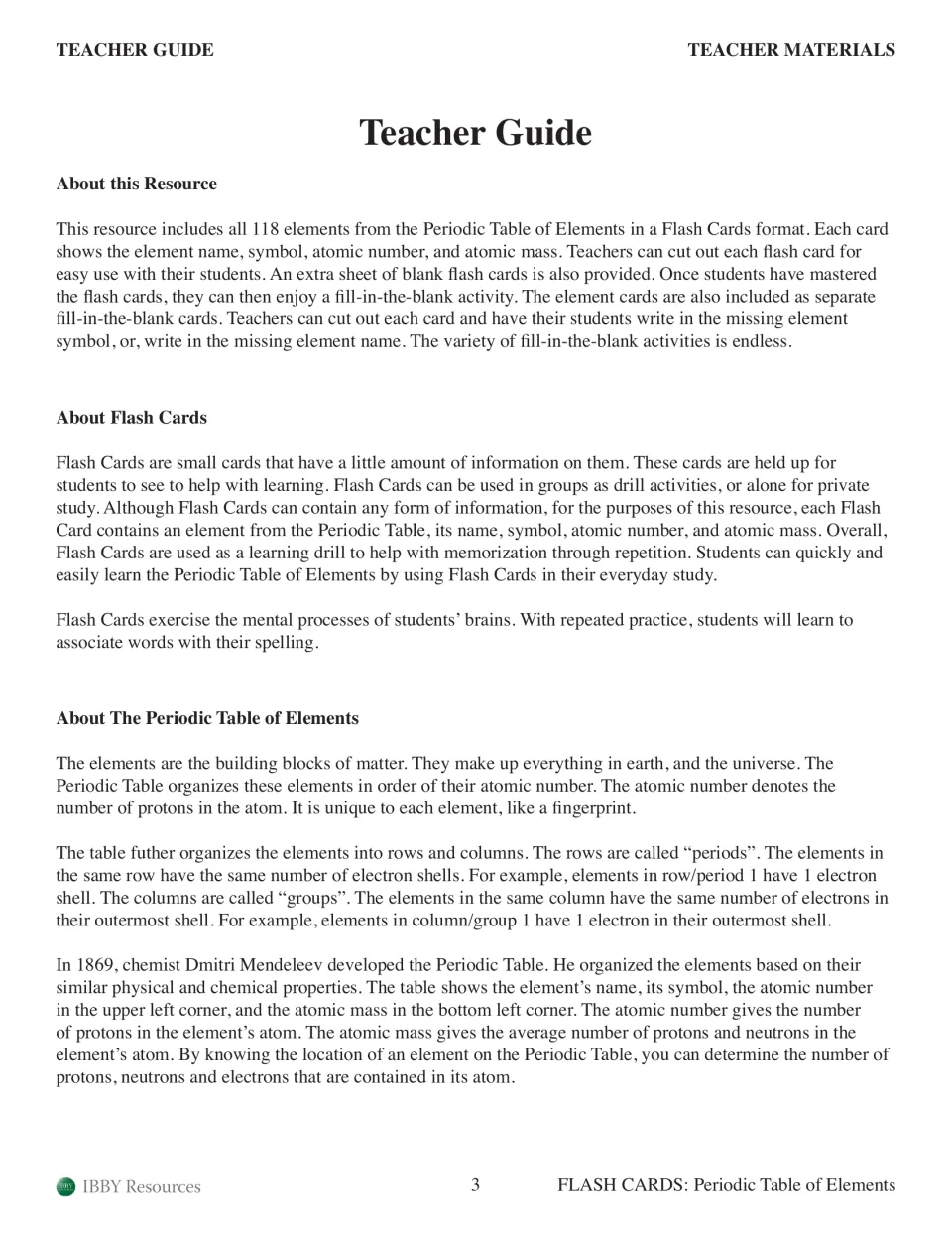Teacher guide explaining the 118 element cards, how flash card drills work, and how periods, groups and atomic number work