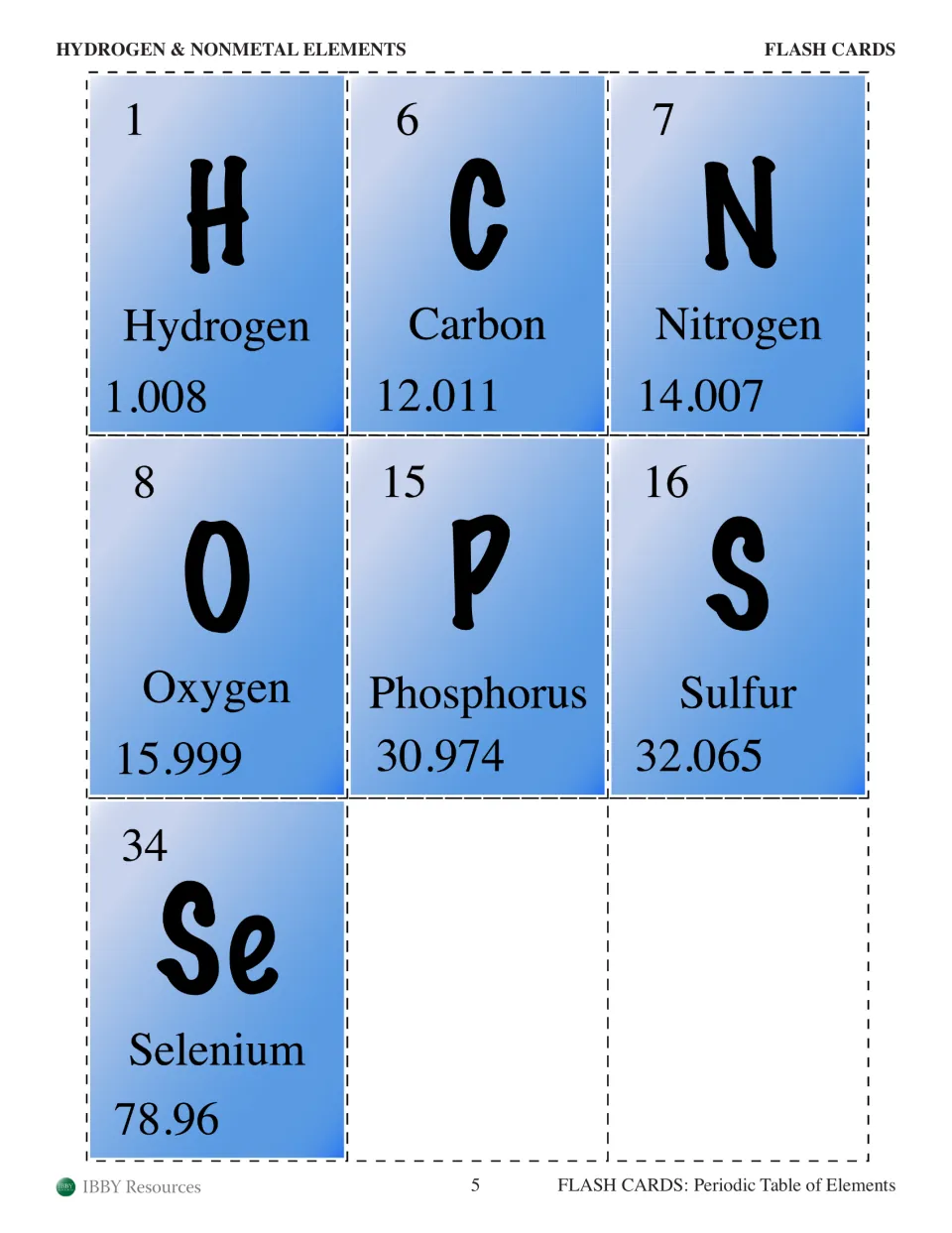 Hydrogen and nonmetal flash cards: H, C, N, O, P, S and Se, each showing atomic number, symbol, name and atomic mass