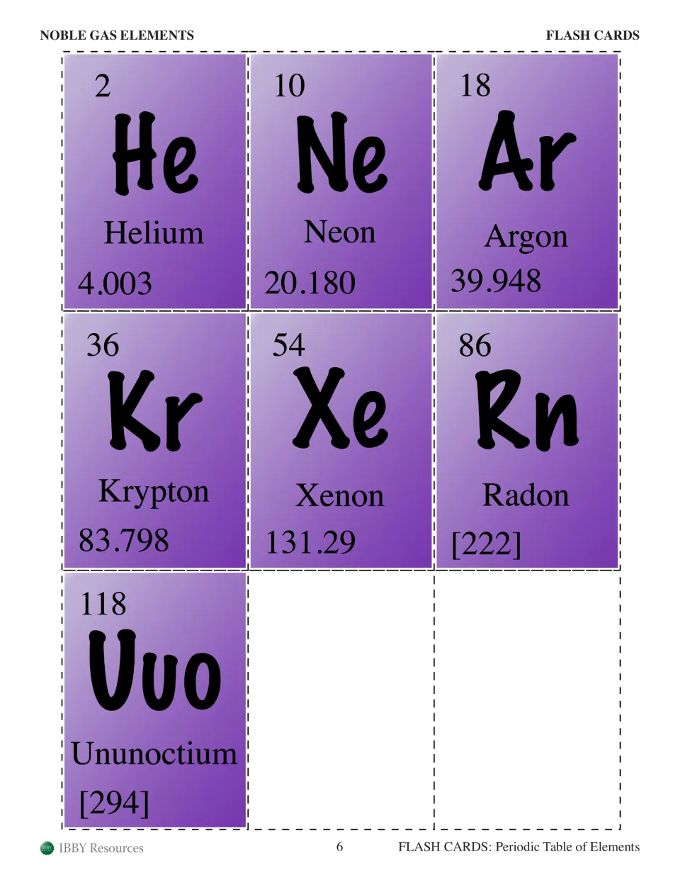 Noble gas flash cards for helium, neon, argon, krypton, xenon, radon and ununoctium with atomic numbers and masses