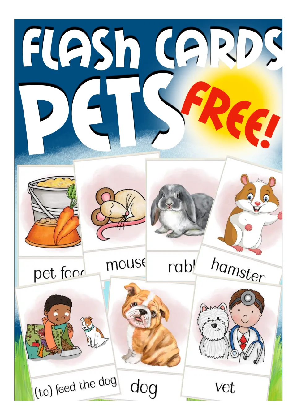 Pets flash cards cover showing picture cards for mouse, rabbit, hamster, dog, vet, pet food and (to) feed the dog