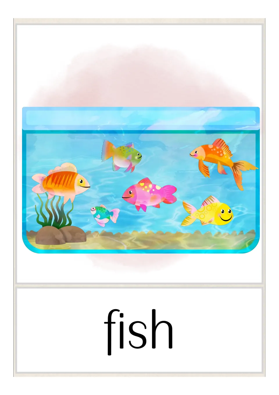 Fish vocabulary card: six colorful fish swim in an aquarium with plants and rocks above the word fish