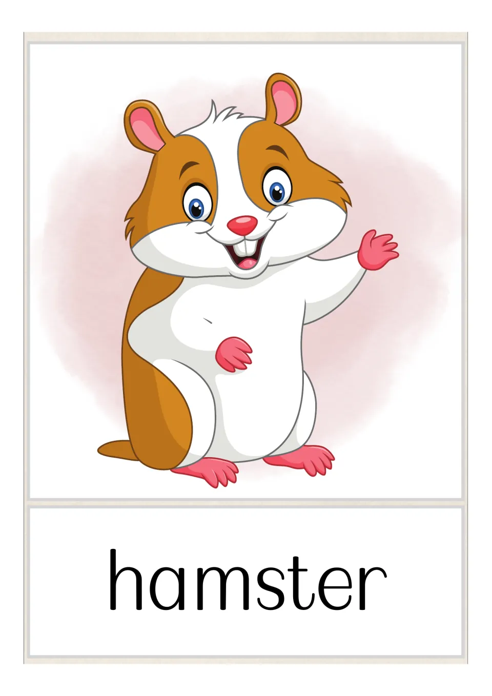 Hamster vocabulary card: a cartoon brown and white hamster waving one paw above the word hamster