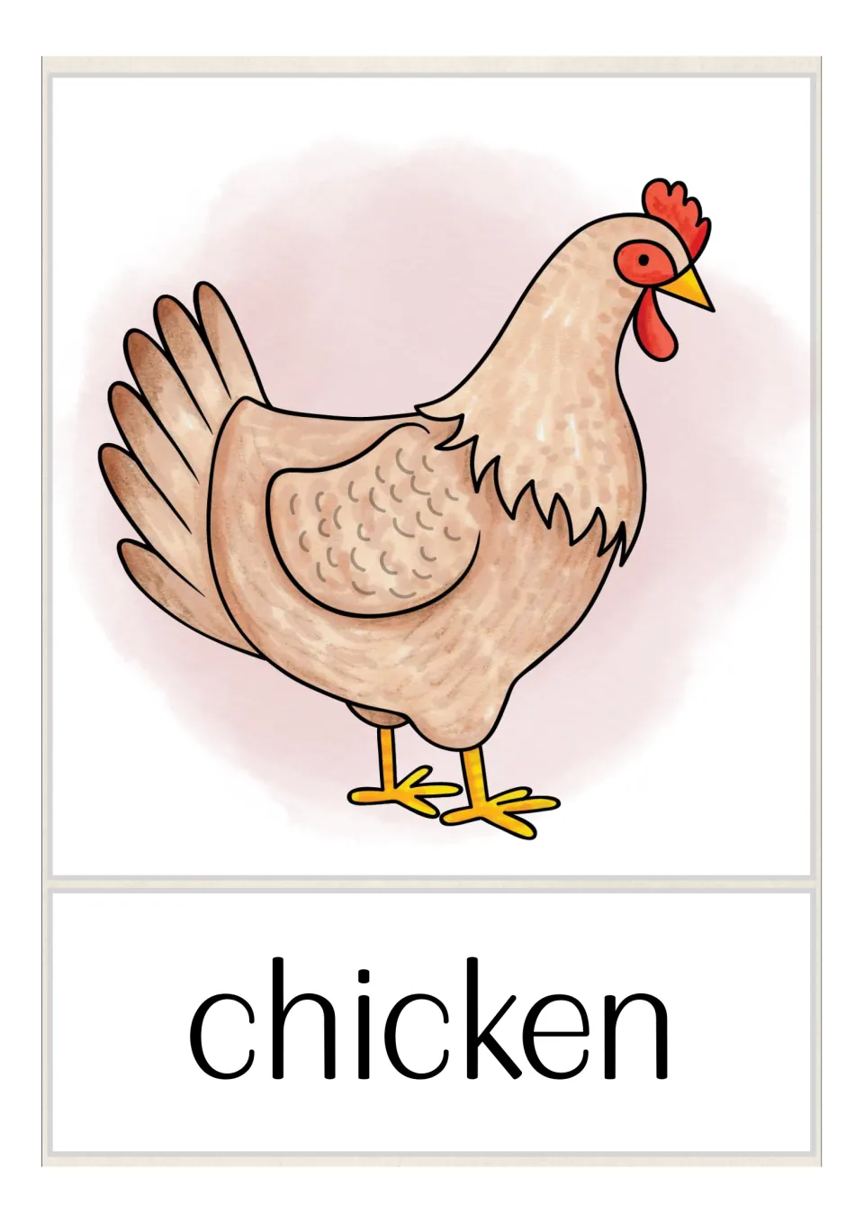 Chicken vocabulary card: a brown hen with a red comb and yellow feet stands above the word chicken