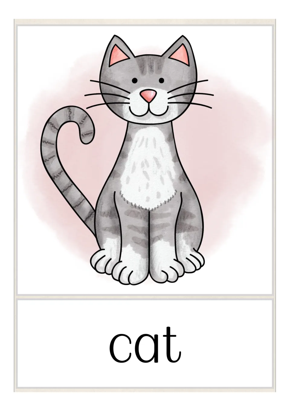 Cat vocabulary card: a smiling gray striped cat with a white chest sits upright above the word cat